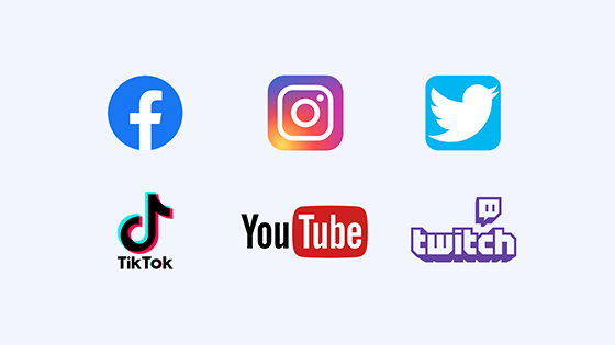 Facebook, Instagram, Twitter, TikTok, YouTube and Twitch logos