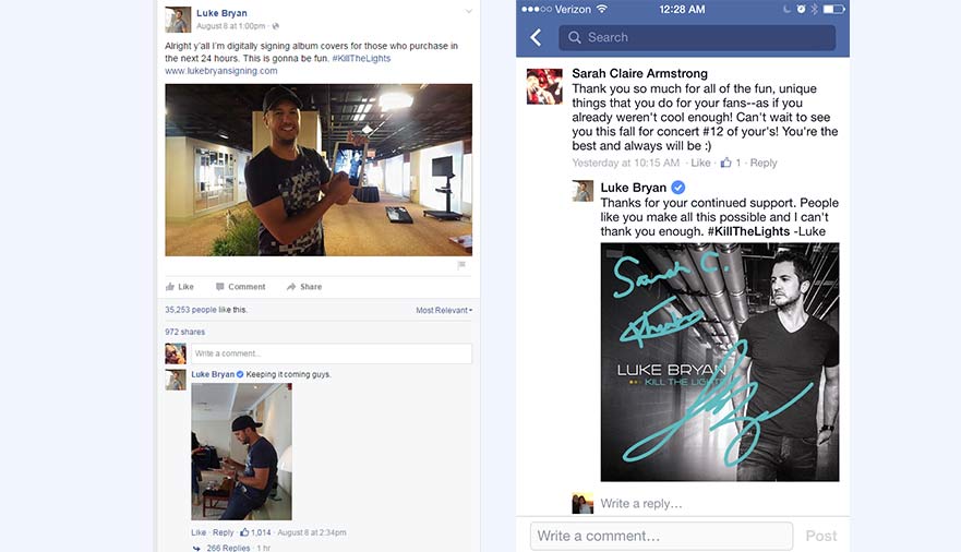  Luke Bryan signing digital autograph for fans via Facebook