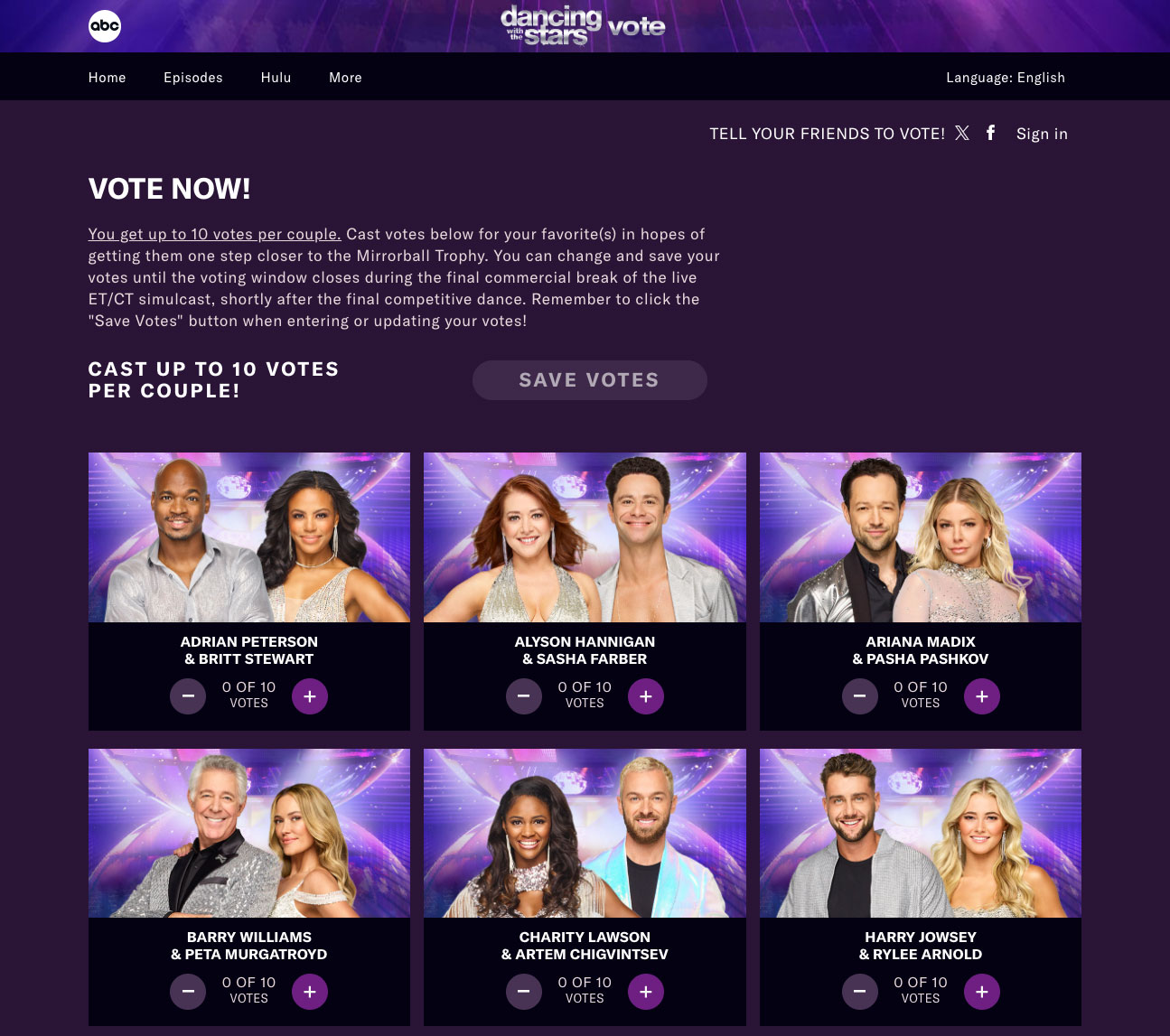 Dancing with the Stars online voting page