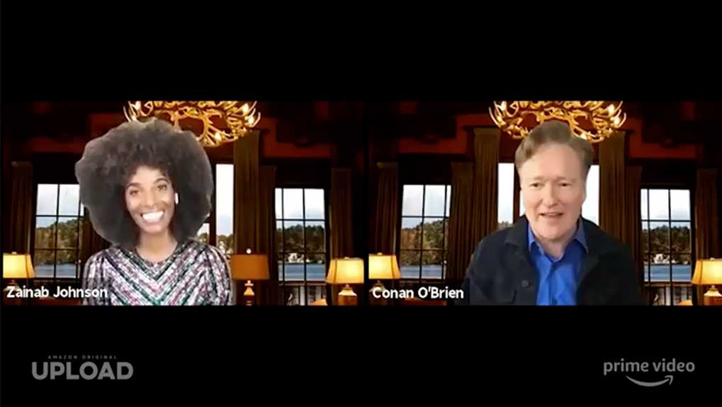screenshot of Zainab Johnson and Conan O'Brien in a Zoom call during the Q&A