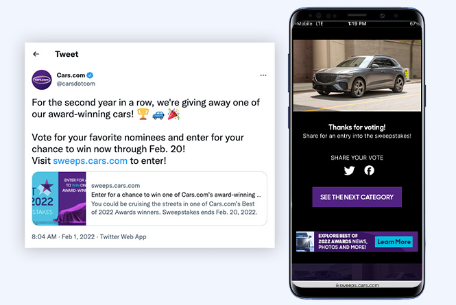 cars.com promo tweet and mobile vote confirmation